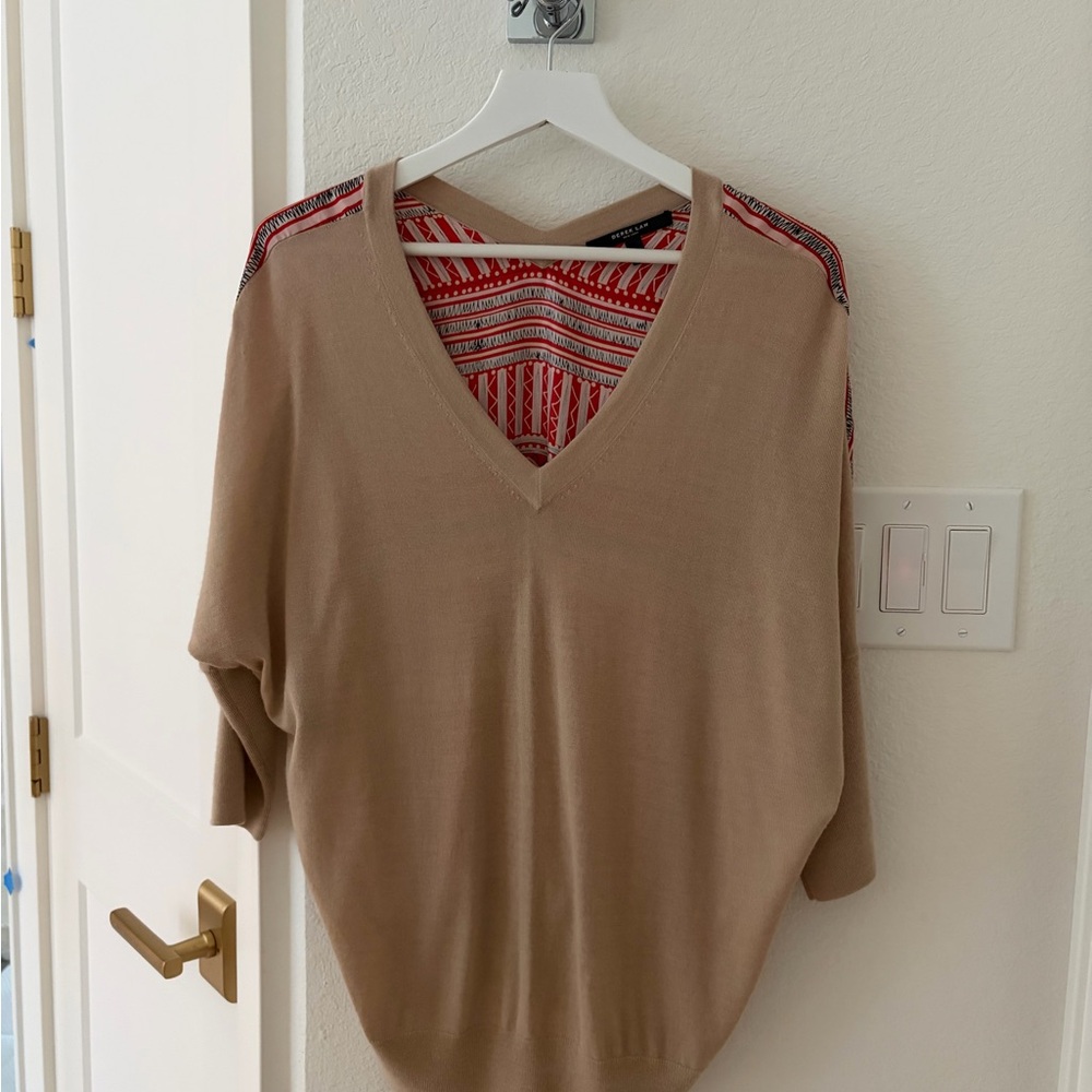 Derek Lam Camel Cashmere with Red Graphic Silk Back Design